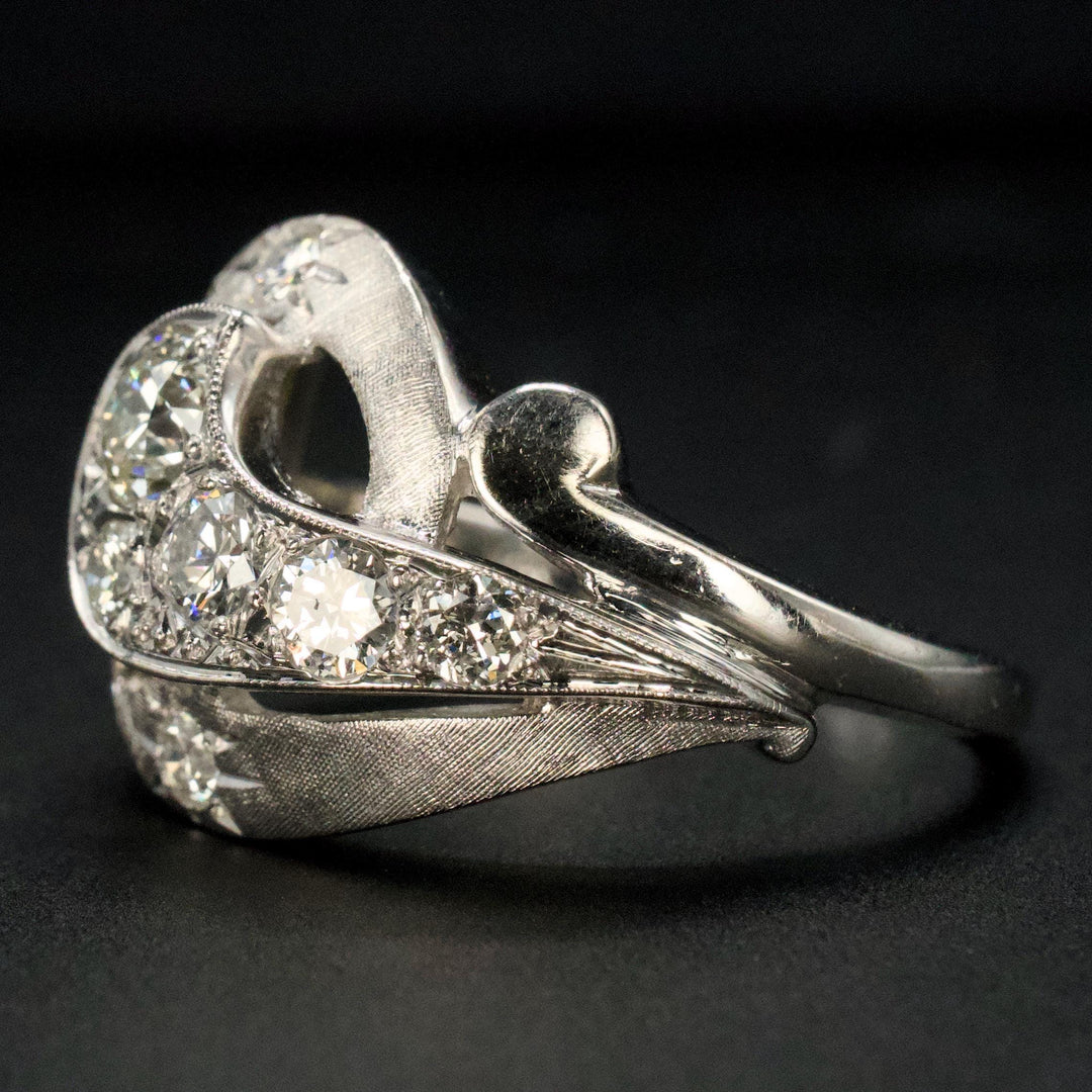 Midcentury Celestial Diamond Swirl Dinner Ring in 14K White Gold