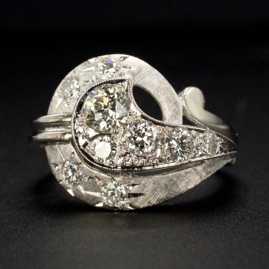 Midcentury Celestial Diamond Swirl Dinner Ring in 14K White Gold