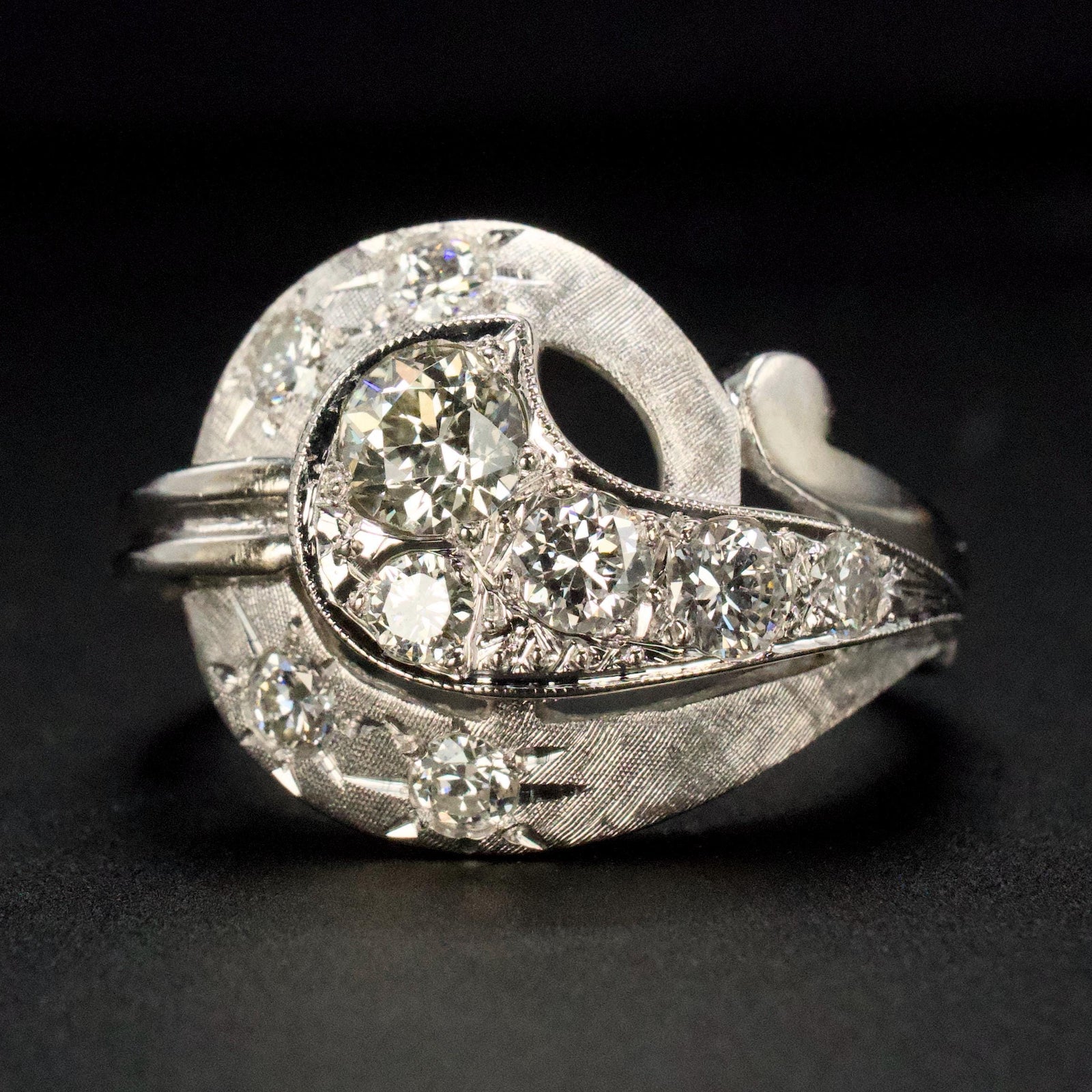 Midcentury Celestial Diamond Swirl Dinner Ring in 14K White Gold