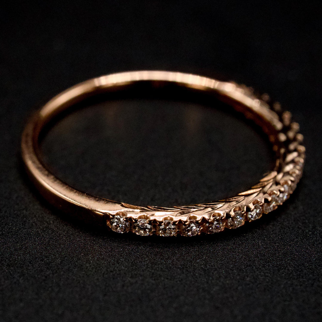 Art Deco Stye 14K Rose Gold Engraved Diamond Wedding Band