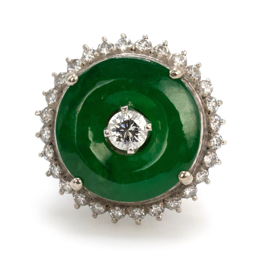 Imperial Fei Cui Jadeite Jade Donut Hololith Ring with Diamond Surround in 18K White Gold