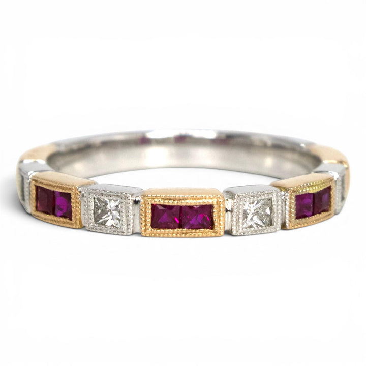 Princess Cut Ruby and Diamond Two Tone Rose and White Gold Wedding Band