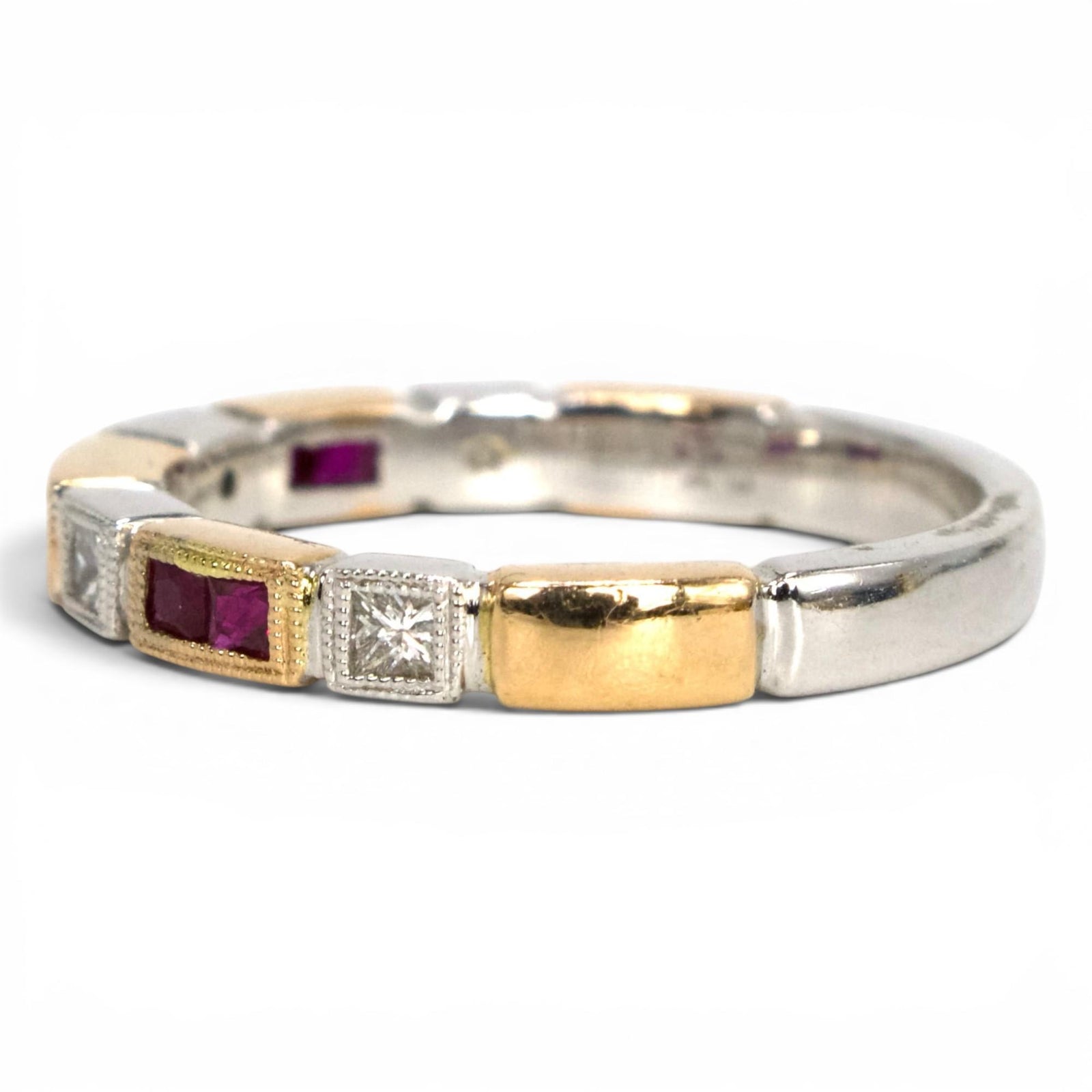 Princess Cut Ruby and Diamond Two Tone Rose and White Gold Wedding Band