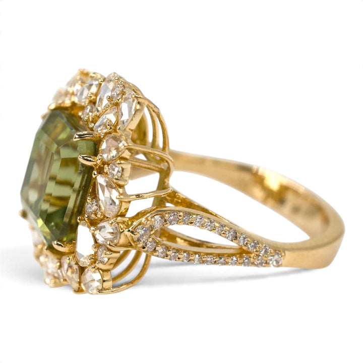 Green Tourmaline and Rose-Cut Diamond Cluster Cocktail Ring in 18K Yellow Gold