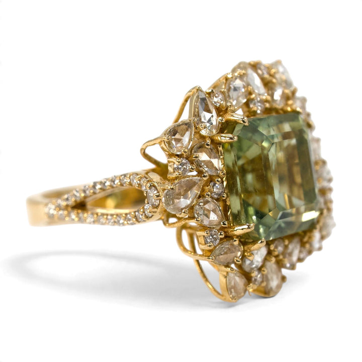 Green Tourmaline and Rose-Cut Diamond Cluster Cocktail Ring in 18K Yellow Gold