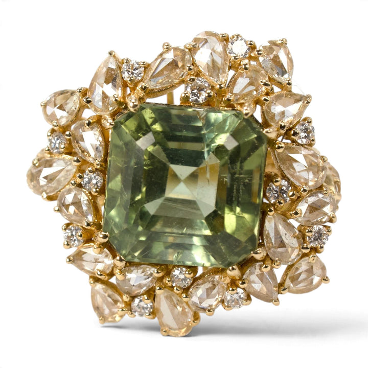 Green Tourmaline and Rose-Cut Diamond Cluster Cocktail Ring in 18K Yellow Gold