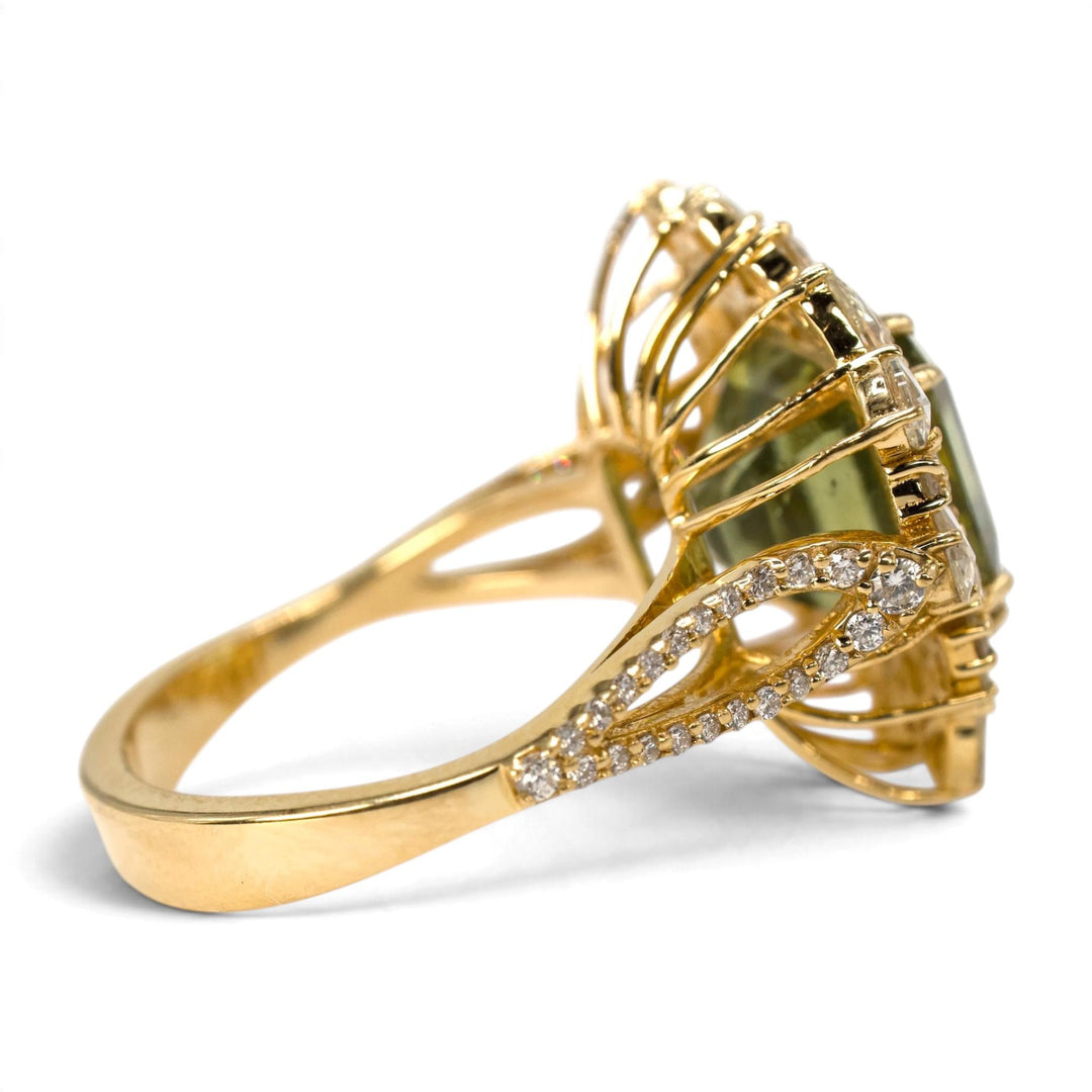 Green Tourmaline and Rose-Cut Diamond Cluster Cocktail Ring in 18K Yellow Gold