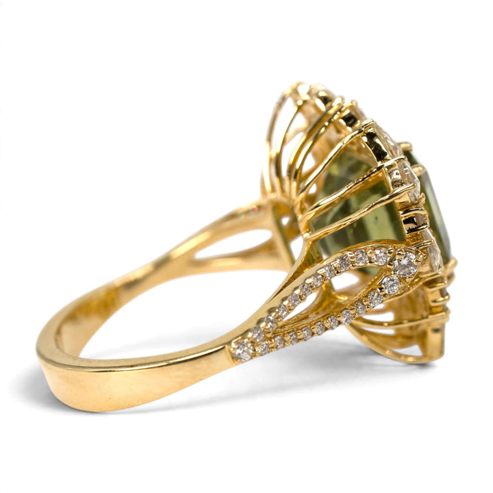 Green Tourmaline and Rose-Cut Diamond Cluster Cocktail Ring in 18K Yellow Gold