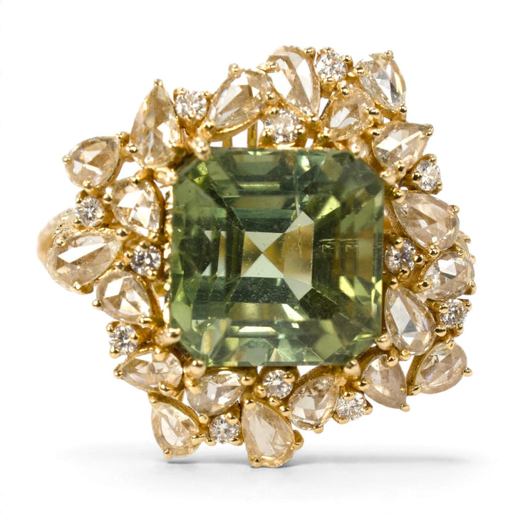 Green Tourmaline and Rose-Cut Diamond Cluster Cocktail Ring in 18K Yellow Gold