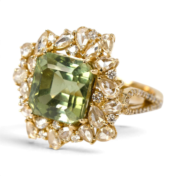 Green Tourmaline and Rose-Cut Diamond Cluster Cocktail Ring in 18K Yellow Gold