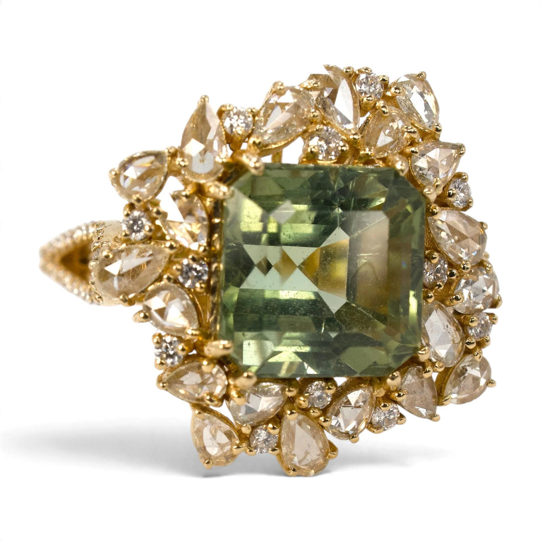 Green Tourmaline and Rose-Cut Diamond Cluster Cocktail Ring in 18K Yellow Gold