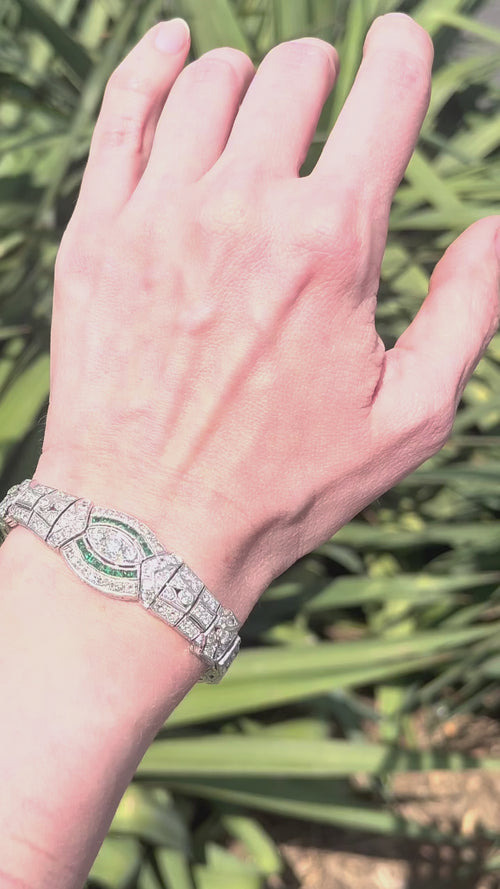 Art Deco Platinum and Diamond Link Bracelet with Emerald Accents