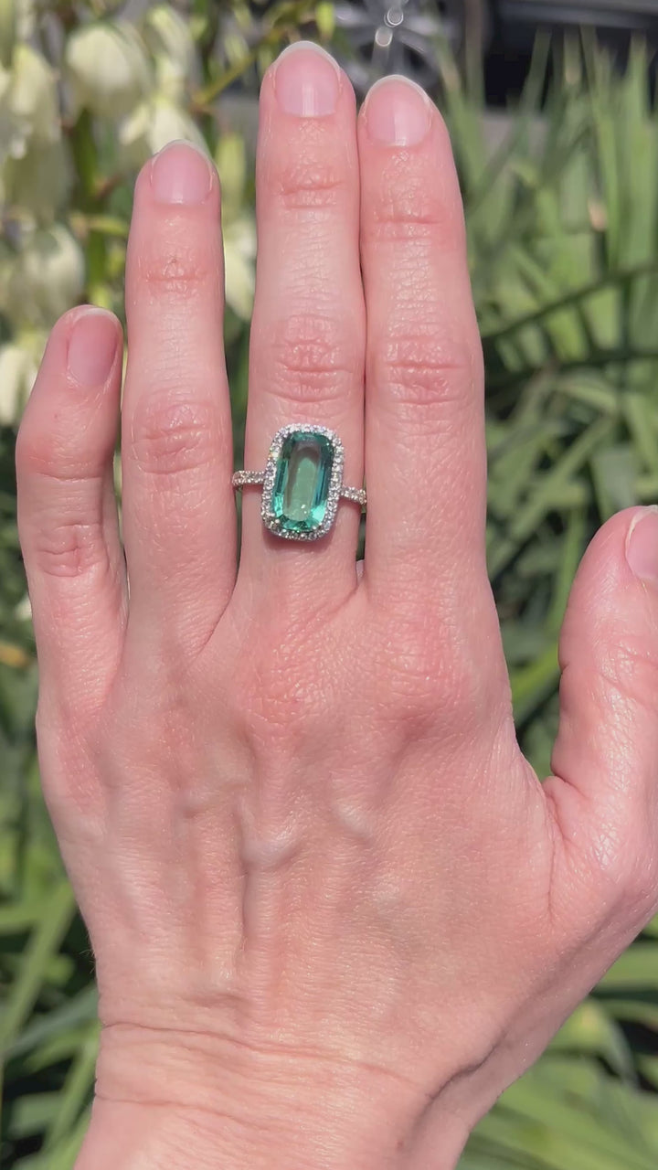 3.59 Carat Elongated Cushion Cut Lagoon Tourmaline Ring with Diamond Halo
