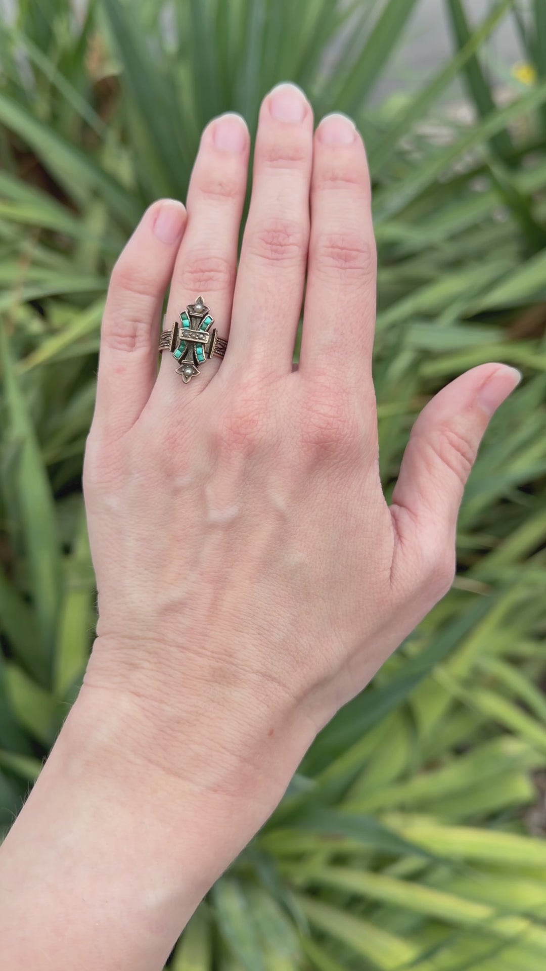 Victorian Cross Ring in 10K Gold with Turquoise and Seed Pearls