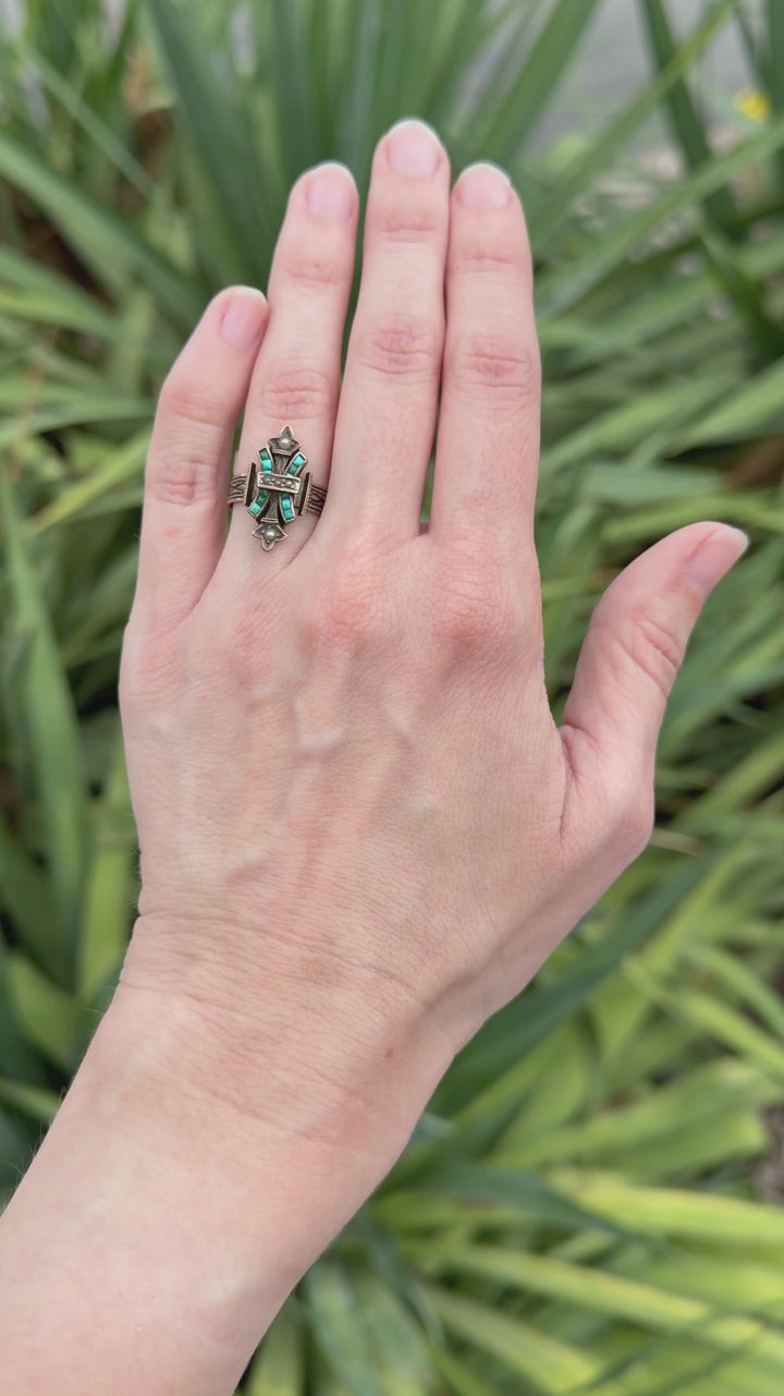 Victorian Cross Ring in 10K Gold with Turquoise and Seed Pearls