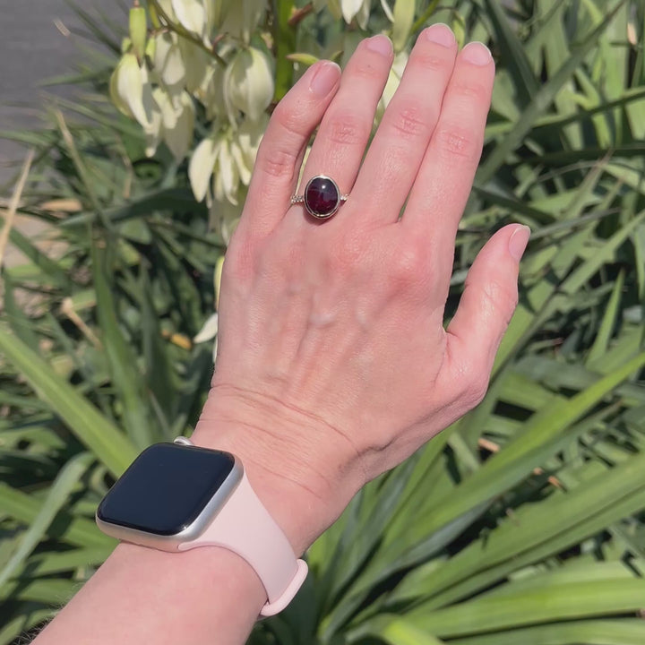 6.50 Carat Bufftop Rhodolite Garnet in Diamond Accented Bezel Ring