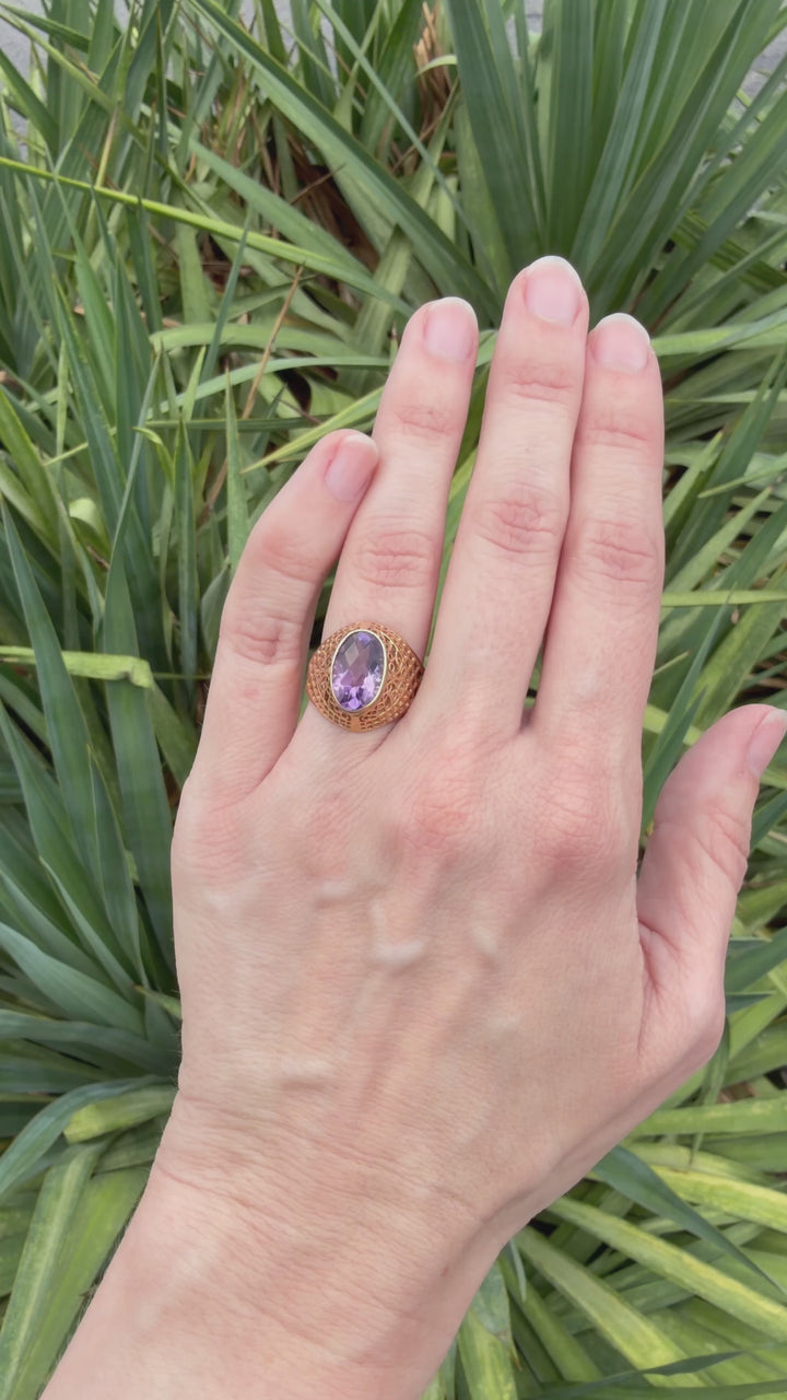 Soviet-Era 14K Gold Filigree Amethyst Cocktail Ring