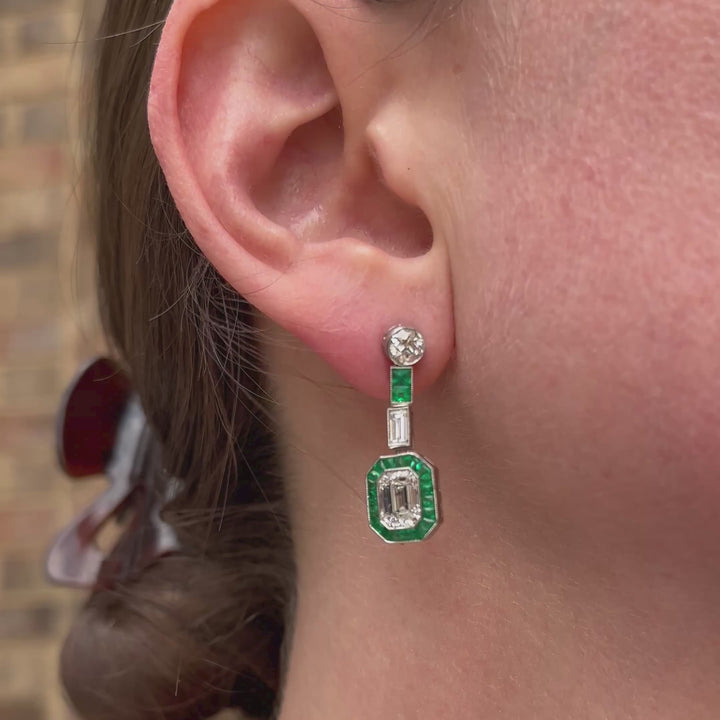 Art Deco Emerald and European Cut Diamond and Emerald Drop Earrings