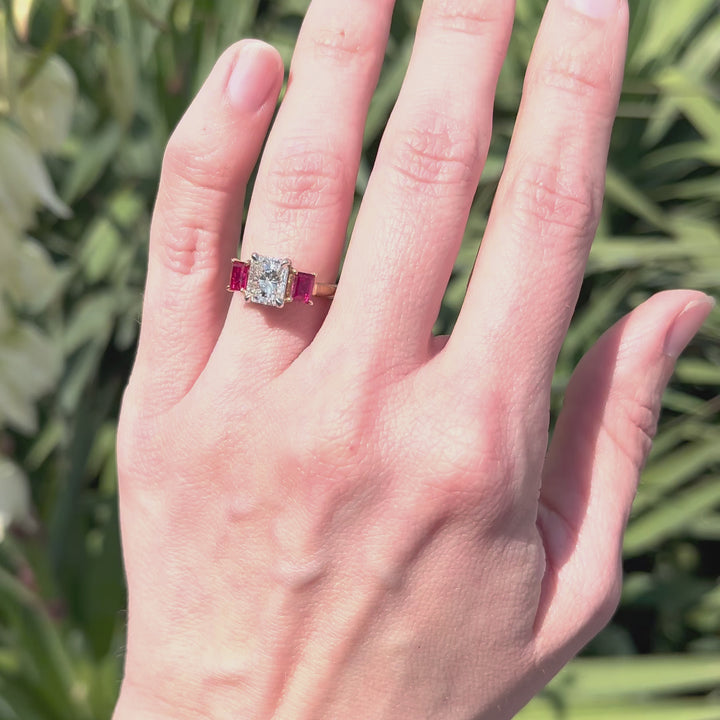 1.47 Carat Radiant Cut Diamond Three Stone Engagement Ring with Rubies in