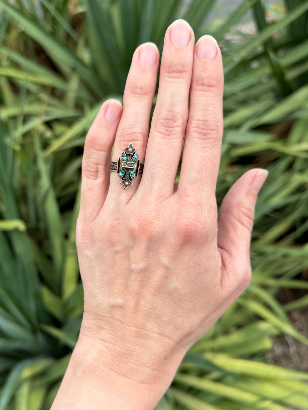 Victorian Cross Ring in 10K Gold with Turquoise and Seed Pearls