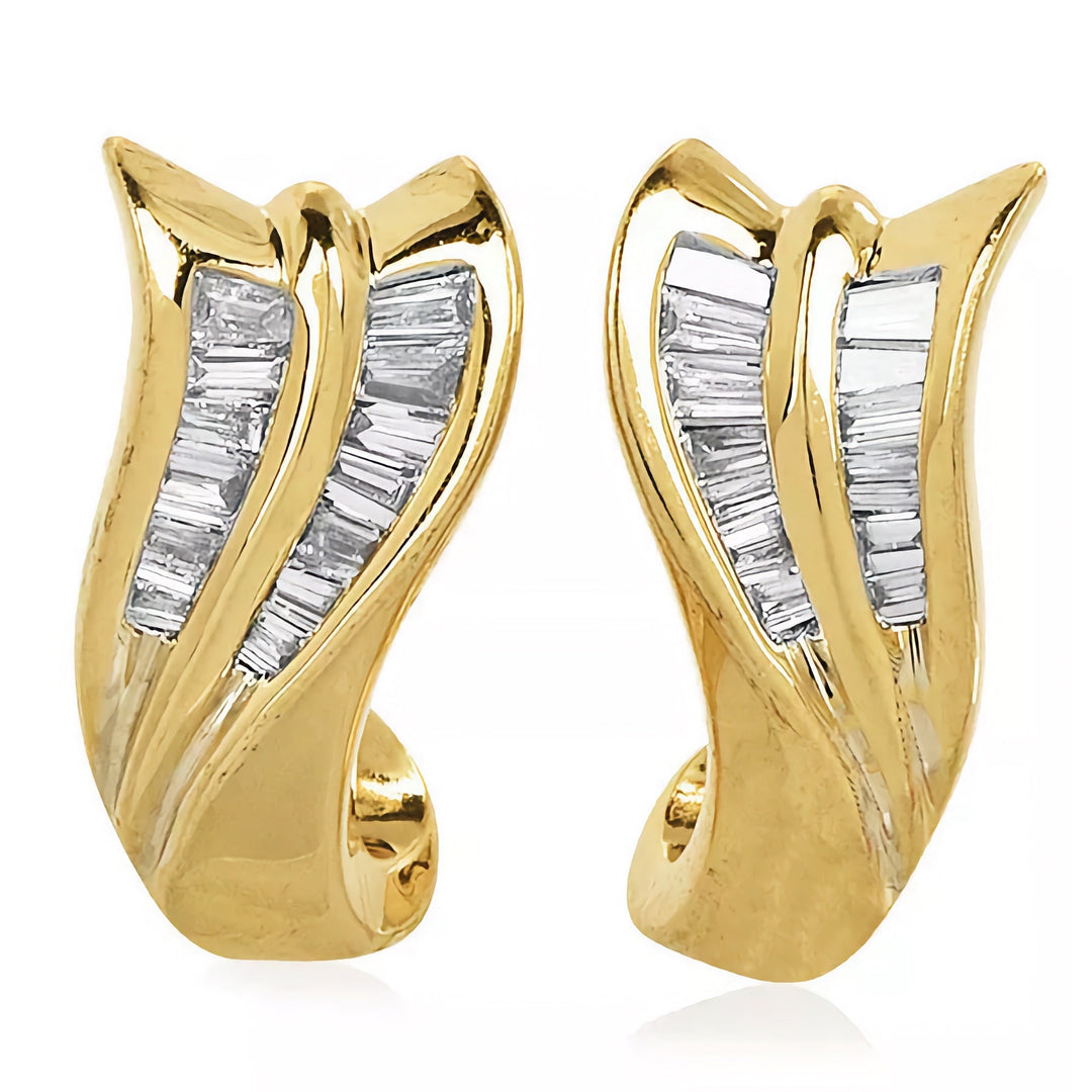 Lightweight Yellow Gold and Baguette Diamond Swirl Stud Earrings