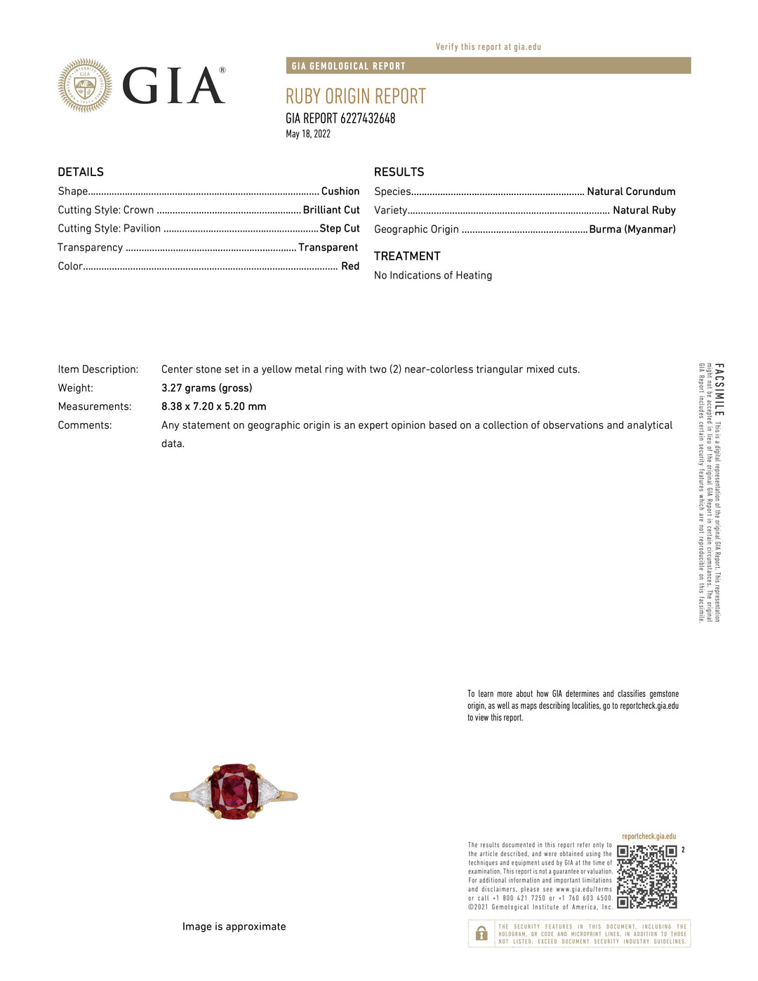 GIA 3.58 Carat Unheated Burmese Ruby in 18K Yellow Gold Mounting with Triangle Diamonds