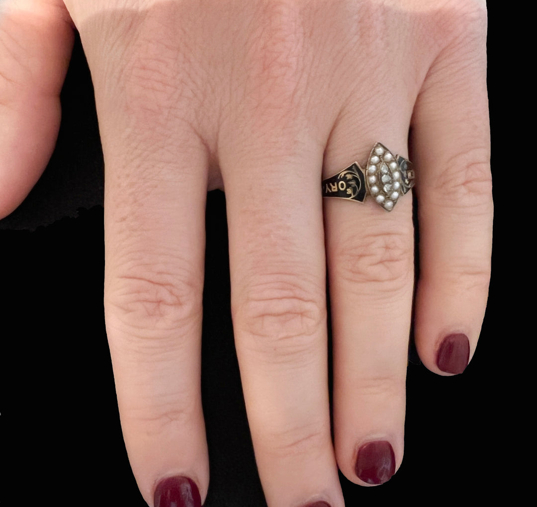 Victorian Mourning Ring (in Memory of) with Rose Cut Diamonds and Seed Pearls circa 1877