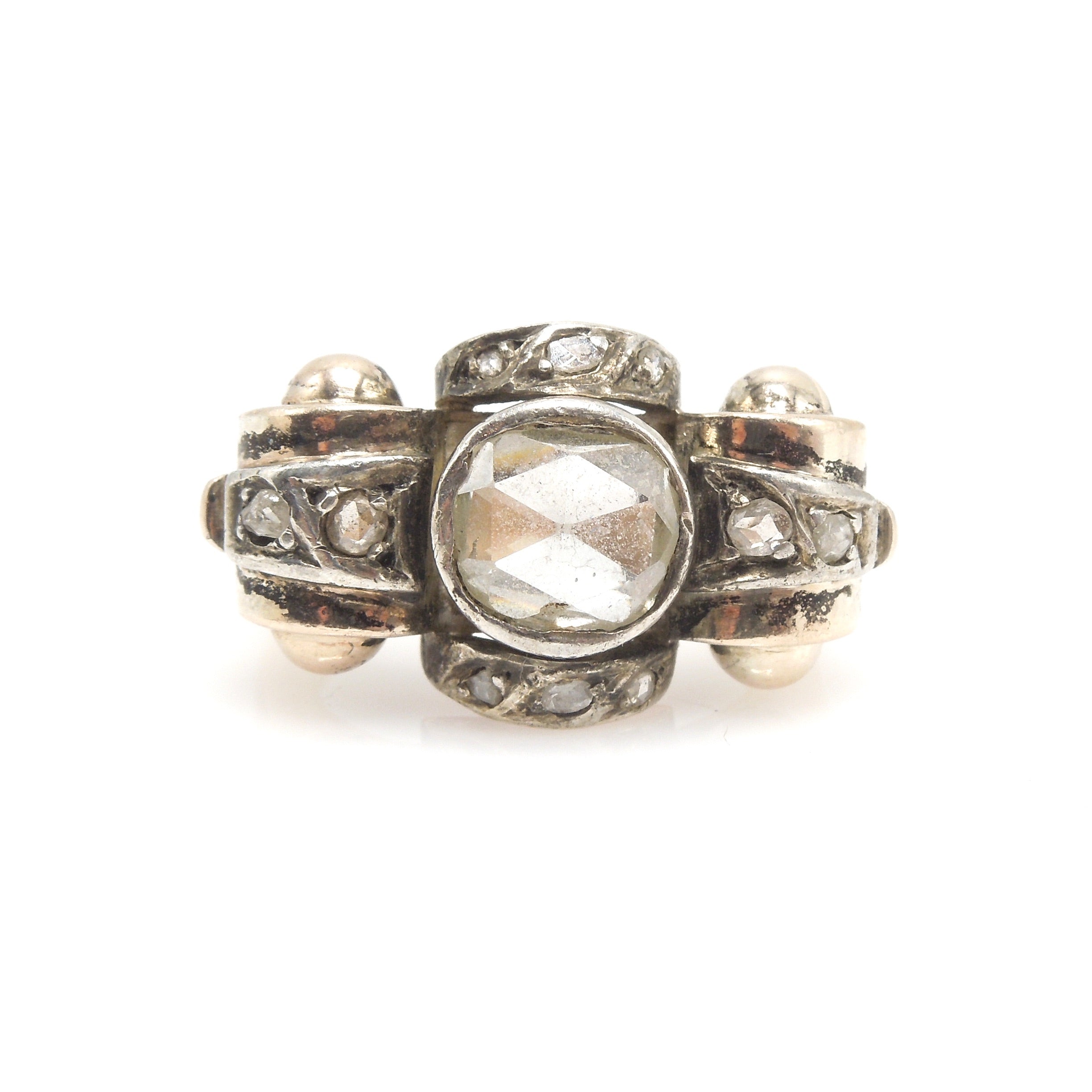 Large Retro Rose Cut Diamond Ring in Gold and Sterling Silver