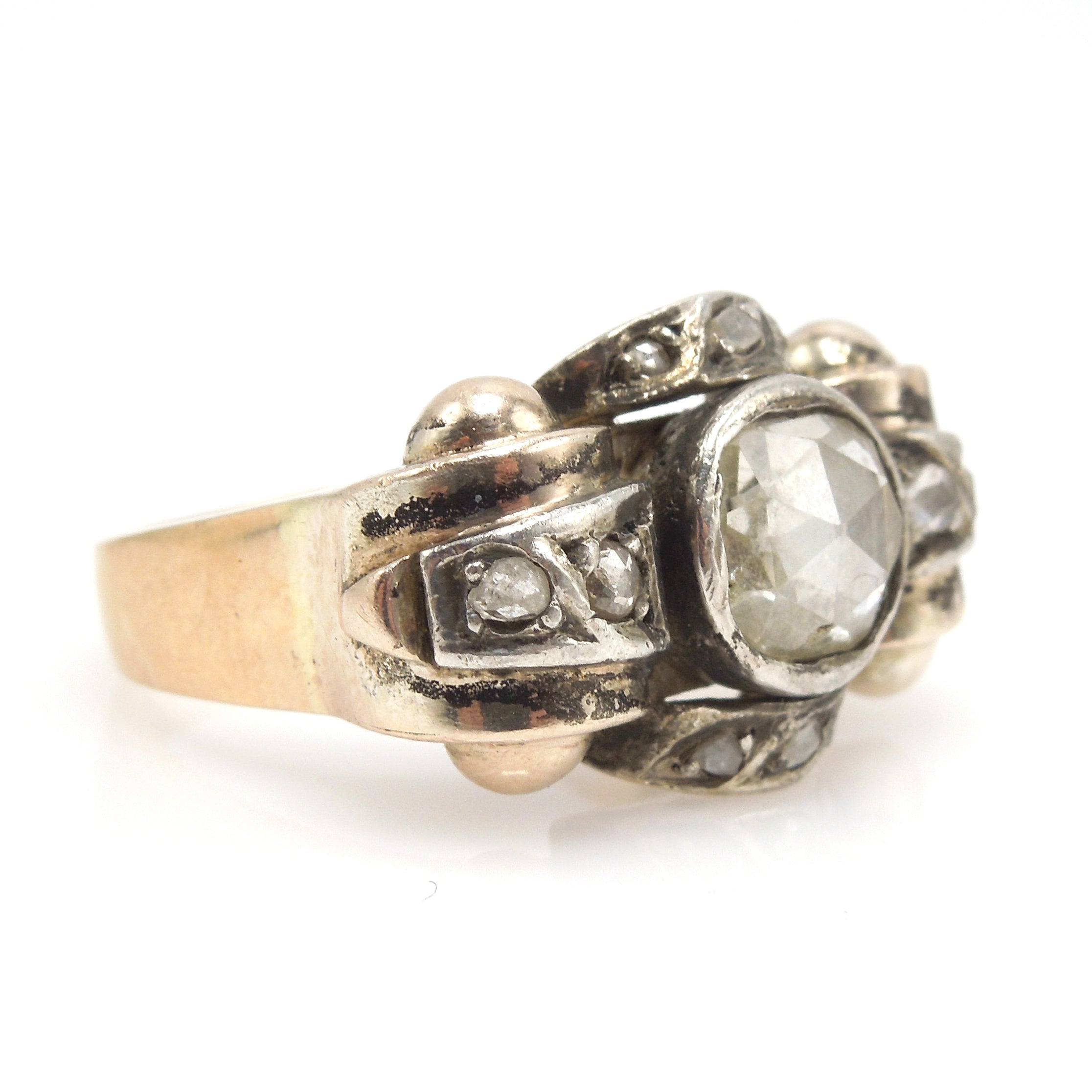 Large Retro Rose Cut Diamond Ring in Gold and Sterling Silver