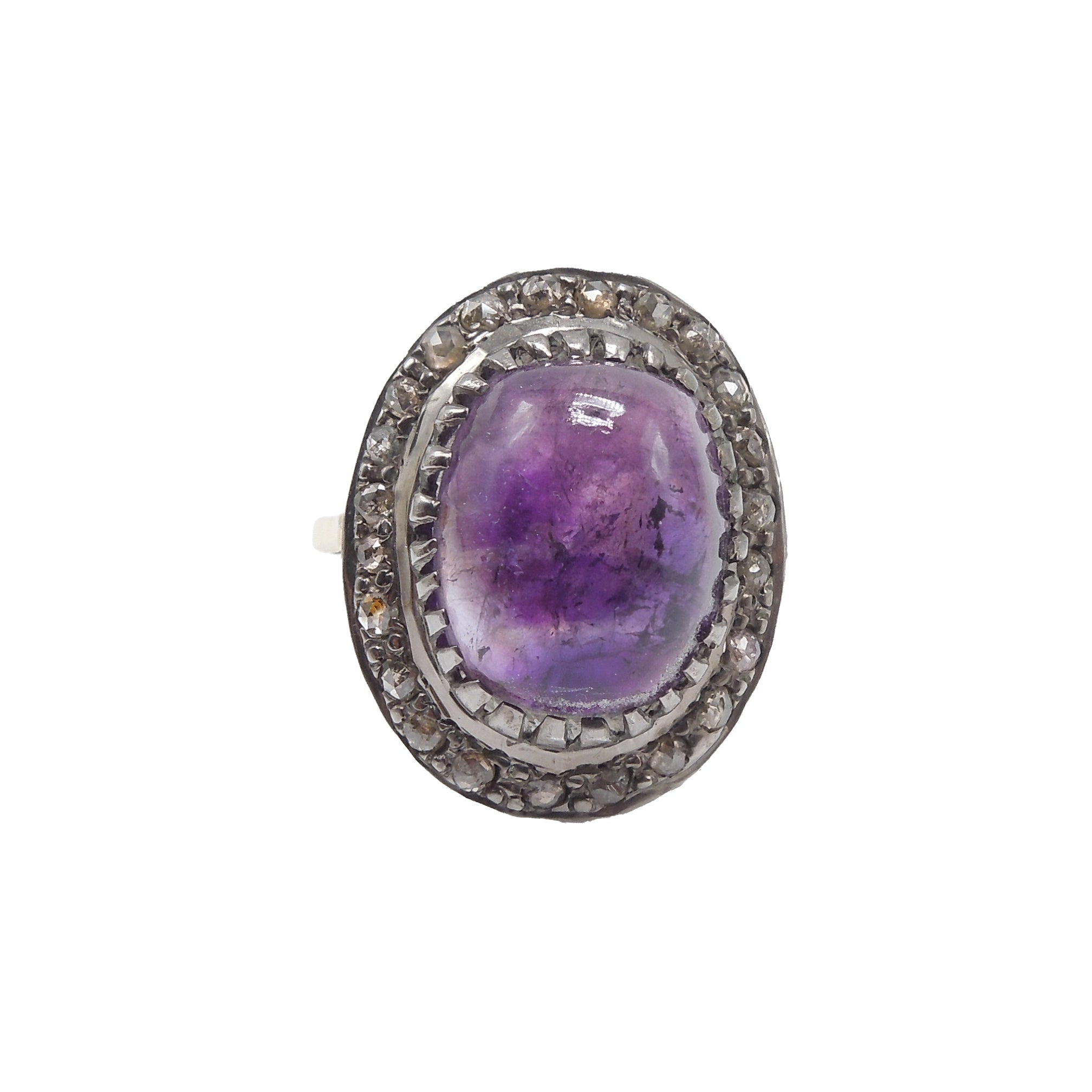 14K Yellow Gold and Sterling Silver Cabochon Amethyst and Diamond Ring