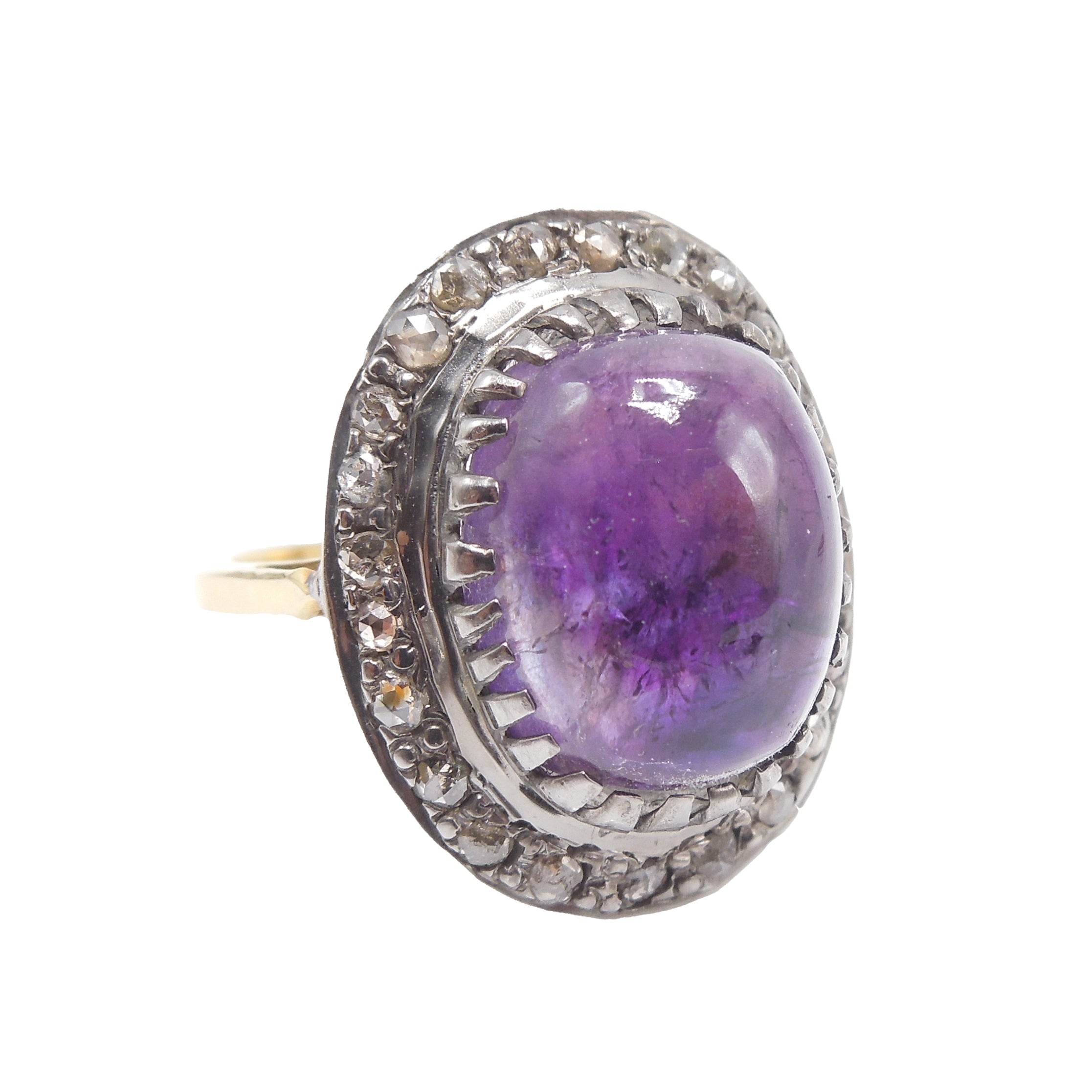 14K Yellow Gold and Sterling Silver Cabochon Amethyst and Diamond Ring