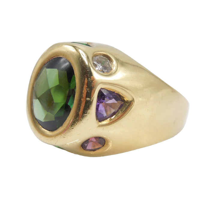 Chunky 18K Yellow Gold Ring with Tourmalines and Diamond