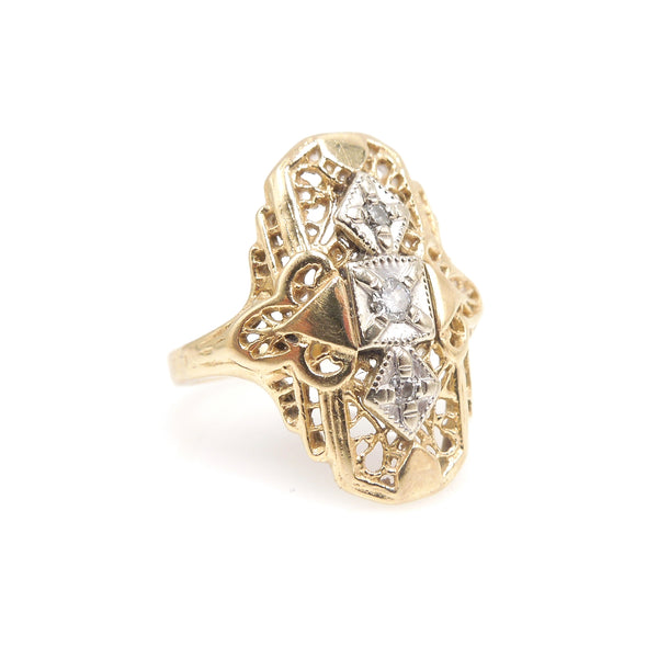 14K Yellow and White Gold Filigree Ring with Diamonds