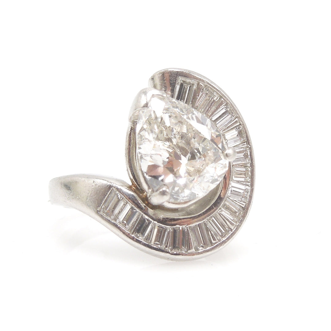 Vintage Asymmetrical Platinum Diamond Ring - 2.22ct Pear Shaped Diamond with Baguettes