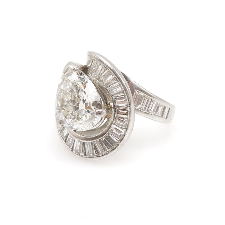 Vintage Asymmetrical Platinum Diamond Ring - 2.22ct Pear Shaped Diamond with Baguettes