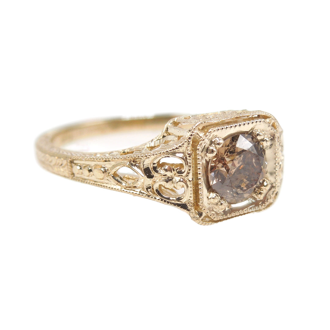 Half Carat Salt and Pepper Cognac Brown Diamond in 14K Yellow Gold Vintage Style Mounting