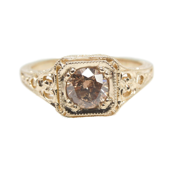 Half Carat Salt and Pepper Cognac Brown Diamond in 14K Yellow Gold Vintage Style Mounting