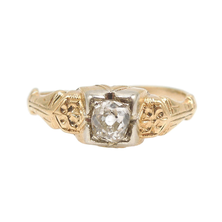 Quarter Carat Late Deco Old Mine Cut Diamond Engagement Ring in Bicolor Gold