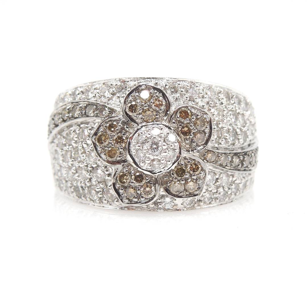 Wide Brown and White Diamond Flower Band - White Gold