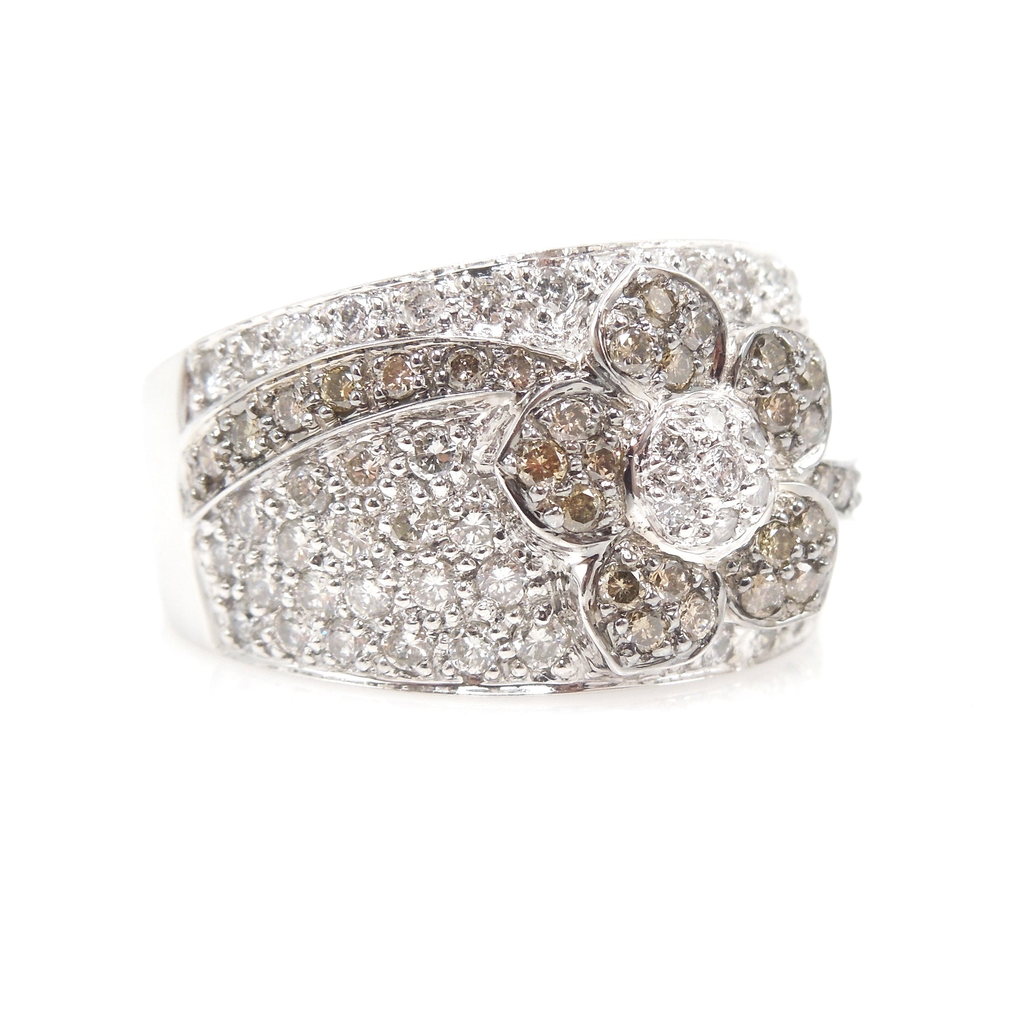 Wide Brown and White Diamond Flower Band - White Gold