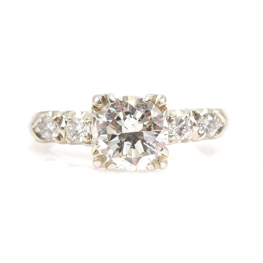 Classic 1 Carat Diamond Ring with Four Accent Diamonds in 14K White Gold