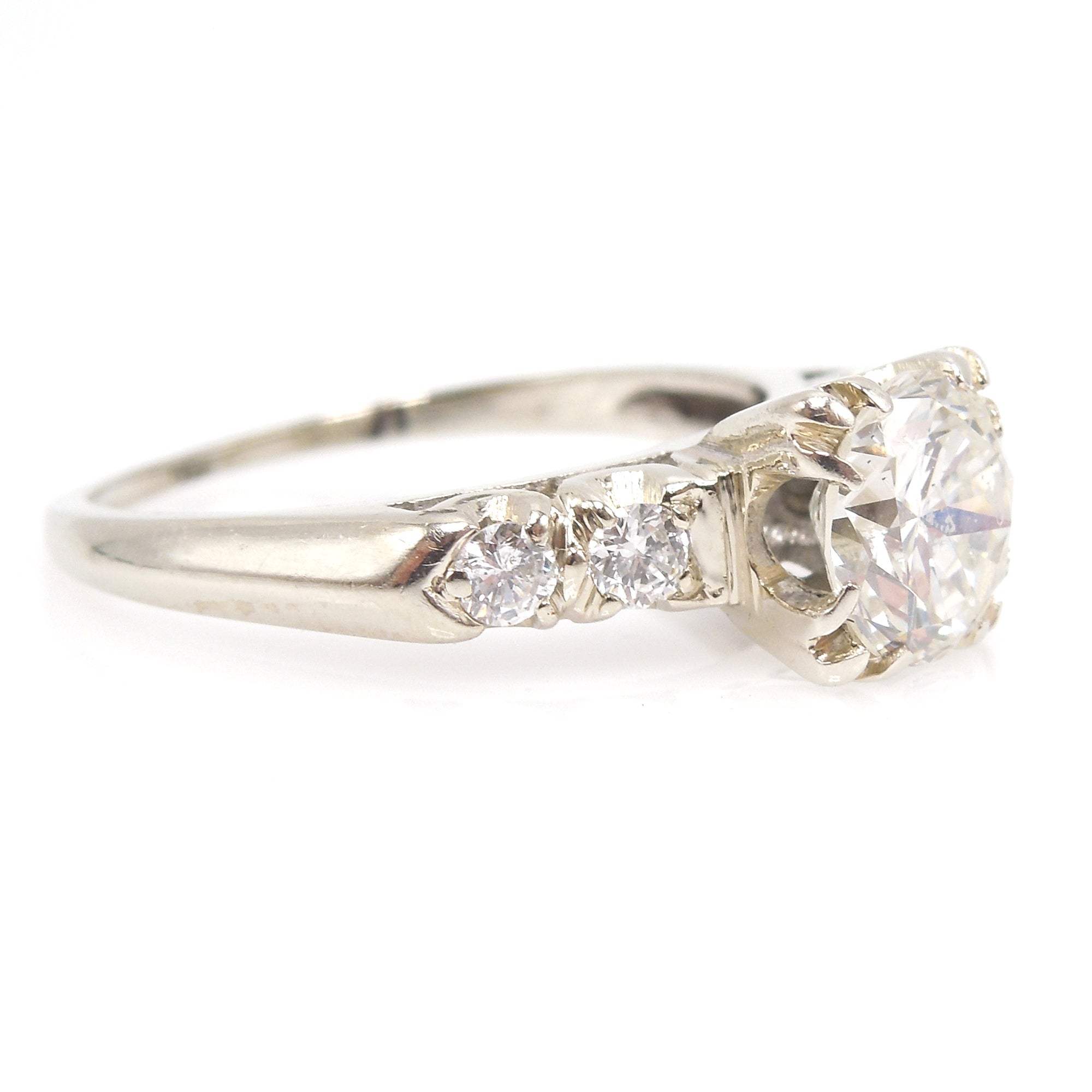 Classic 1 Carat Diamond Ring with Four Accent Diamonds in 14K White Gold
