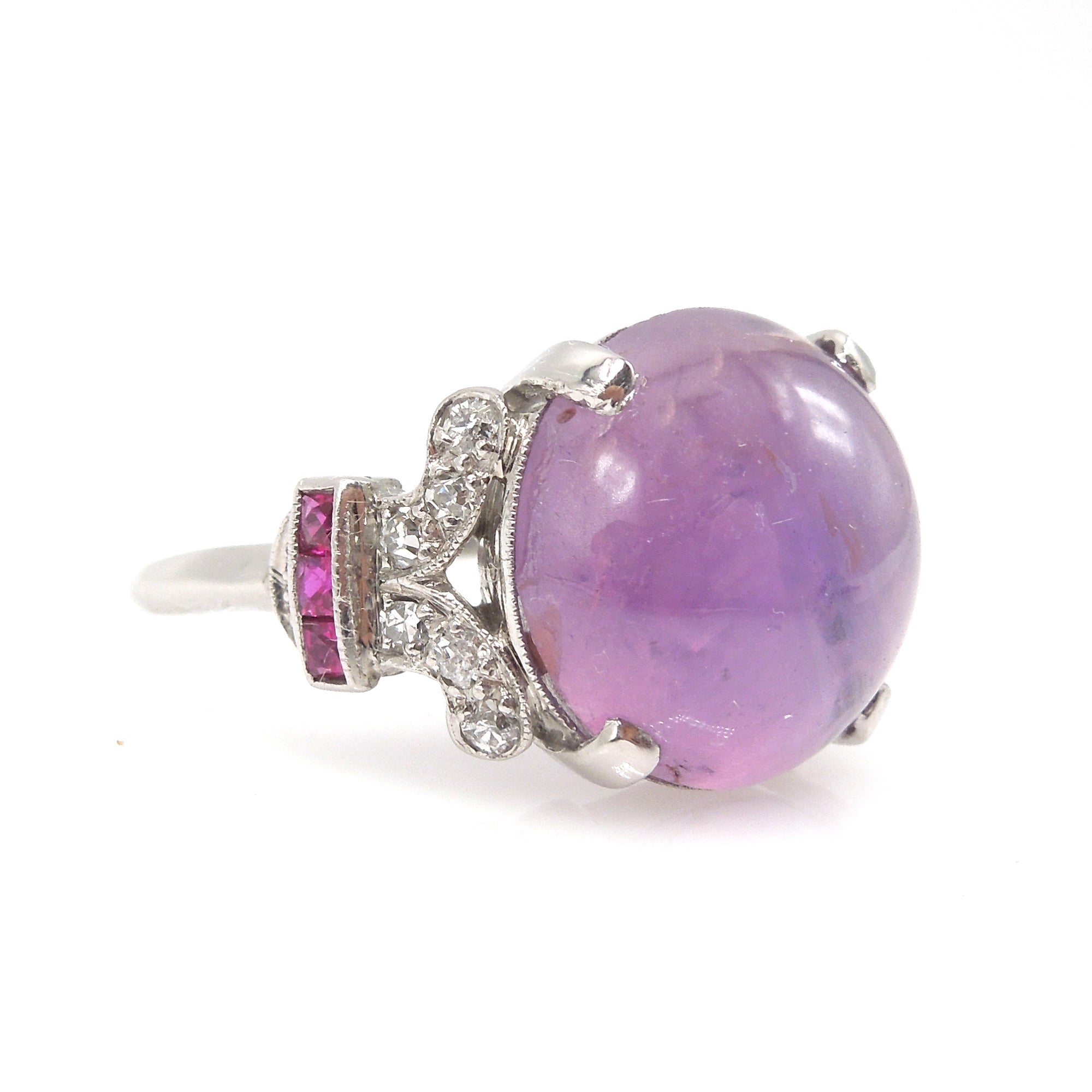Art Deco Pink Star Sapphire, Ruby, and Diamond Ring