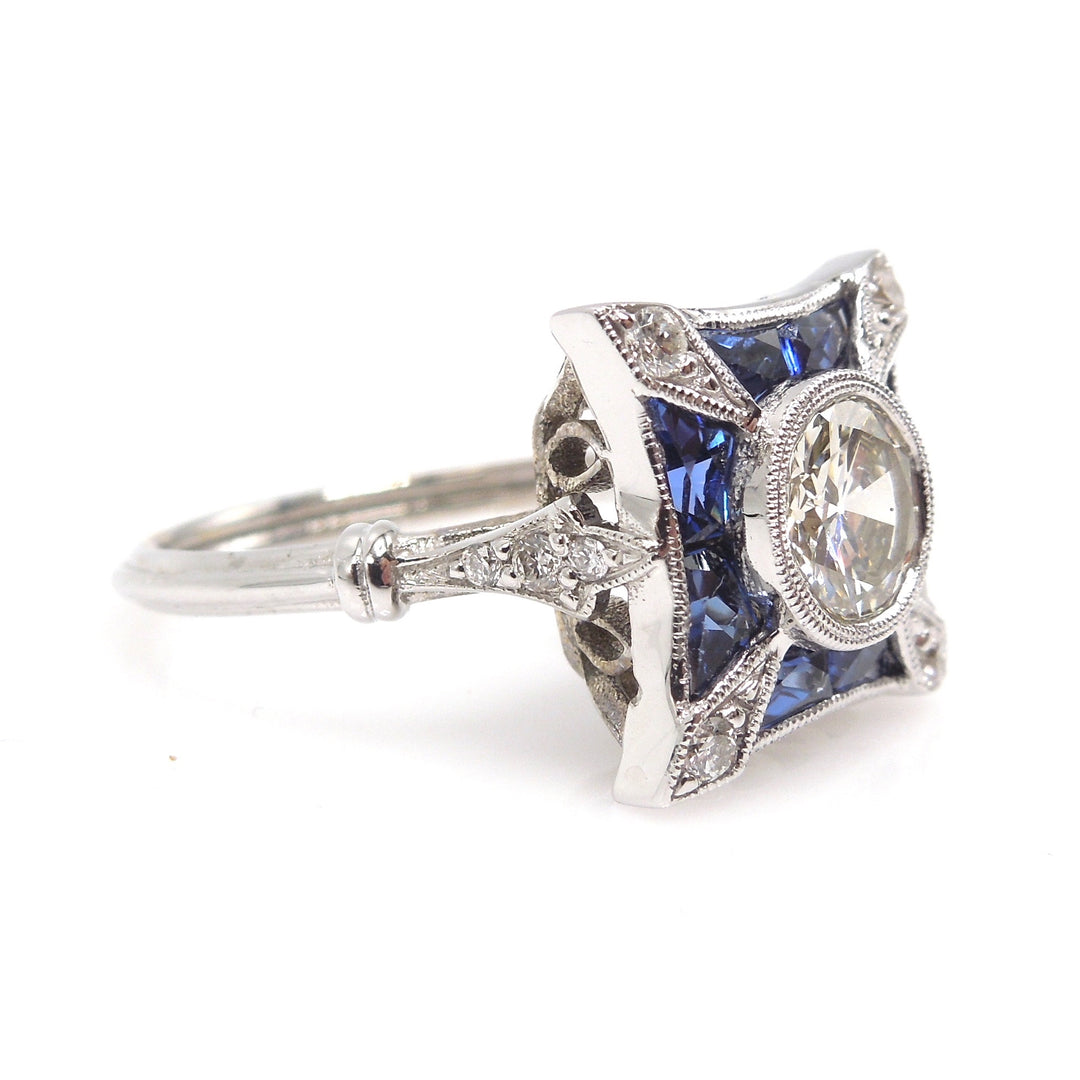 0.85ct Old European Cut Diamond in Art Deco Style Square Mounting with French Cut Sapphires