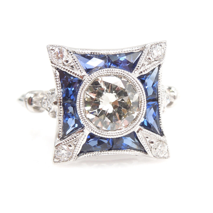 0.85ct Old European Cut Diamond in Art Deco Style Square Mounting with French Cut Sapphires