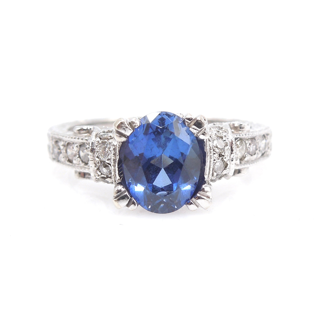 Art Deco Style White Gold Large Sapphire and Diamond Ring