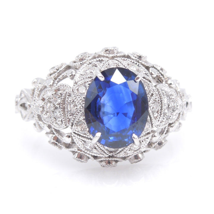 Vintage 1.5 Carat Oval Sapphire in 18K White Gold and Diamond Mounting