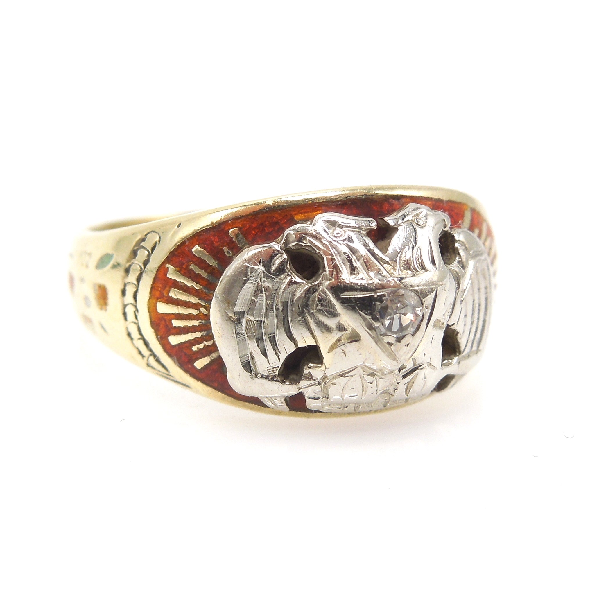 32nd Degree Freemason Masonic Ring - 14K Yellow Gold and Platinum - Enamel - Diamond