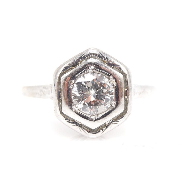 Hexagonal 18K White Gold and Diamond Art Deco Engagement Ring