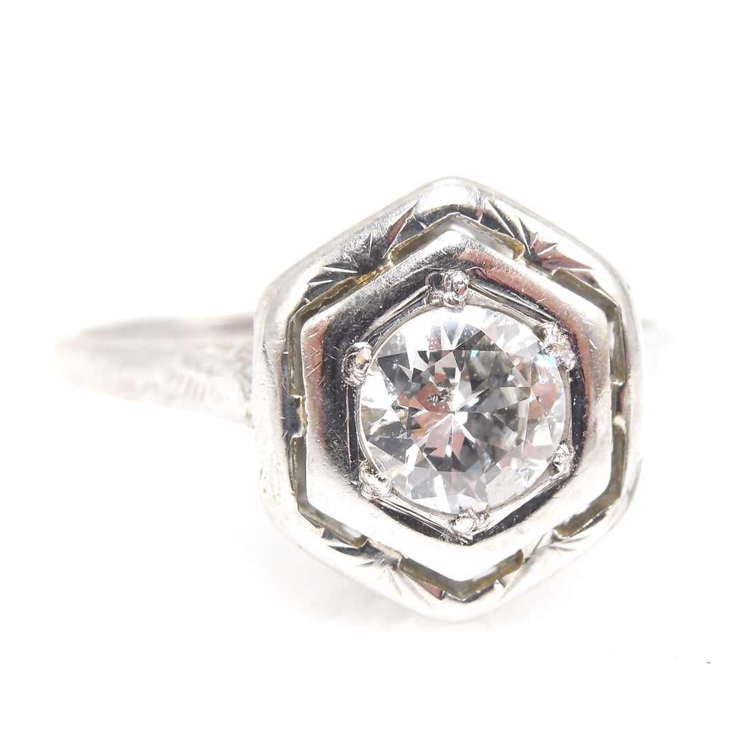 Hexagonal 18K White Gold and Diamond Art Deco Engagement Ring